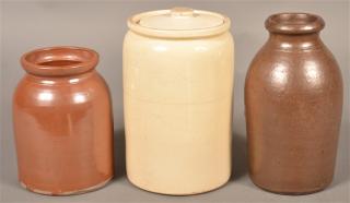 Appraisal: Three Various Glazed Stoneware Storage Jars One has the original