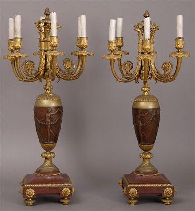 Appraisal: PAIR OF LOUIS XVI-STYLE PATINATED GILT-METAL AND MARBLE SIX-LIGHT CANDELABRA