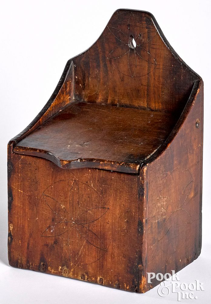 Appraisal: Pine hanging salt box th c Pine hanging salt box