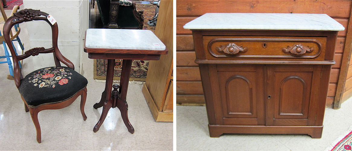 Appraisal: THREE ARTICLES OF AMERICAN VICTORIAN WALNUT FURNITURE marble-top washstand marble-top