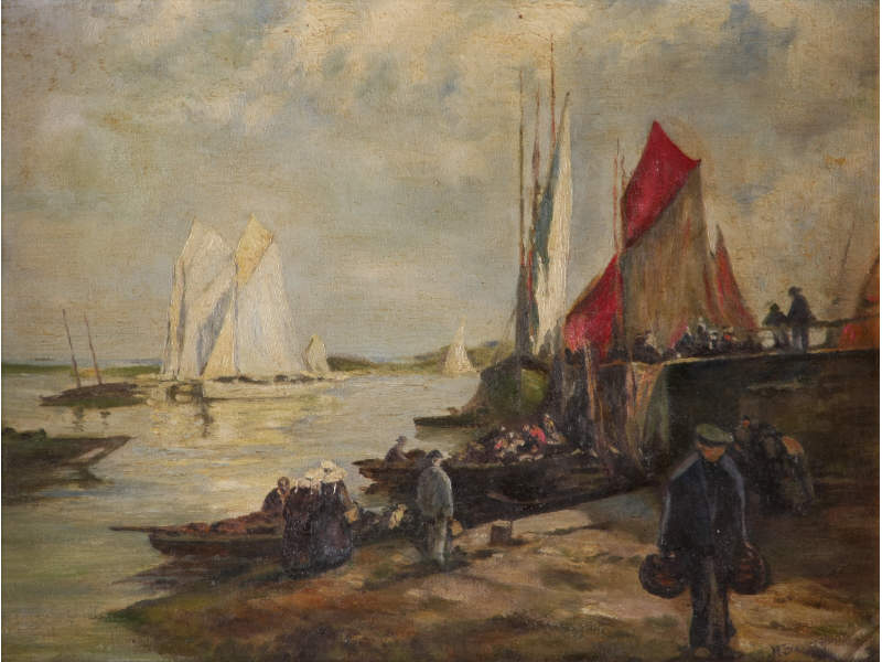 Appraisal: Dutch School Toiling Along the Quay th c oil on