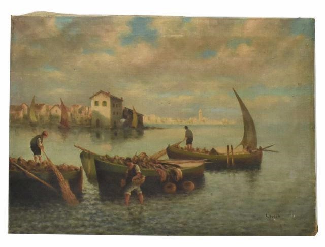 Appraisal: Unframed oil on canvas painting Venetian Fishing Boats signed lower