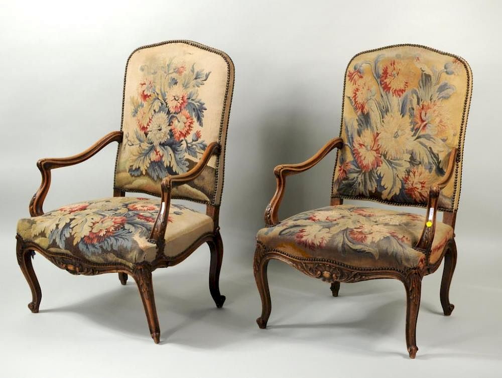 Appraisal: Pair French Carved Wood Upholstered Armchairs Pair of French carved