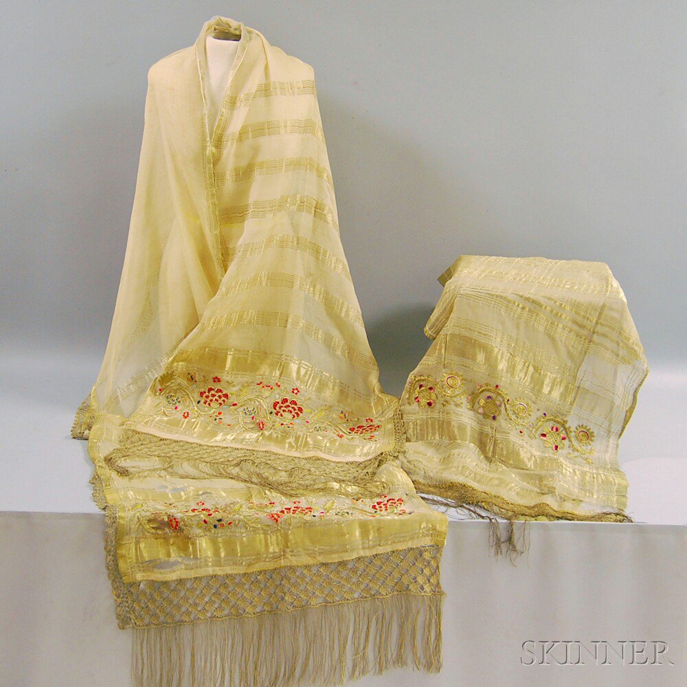 Appraisal: Two Sheer Gold Silk Veils with Metallic Woven Strips Eastern