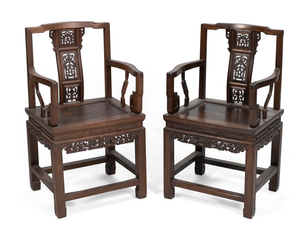 Appraisal: PAIR OF CHINESE CARVED ELMWOOD ARMCHAIRS EARLY TH CENTURY BACK