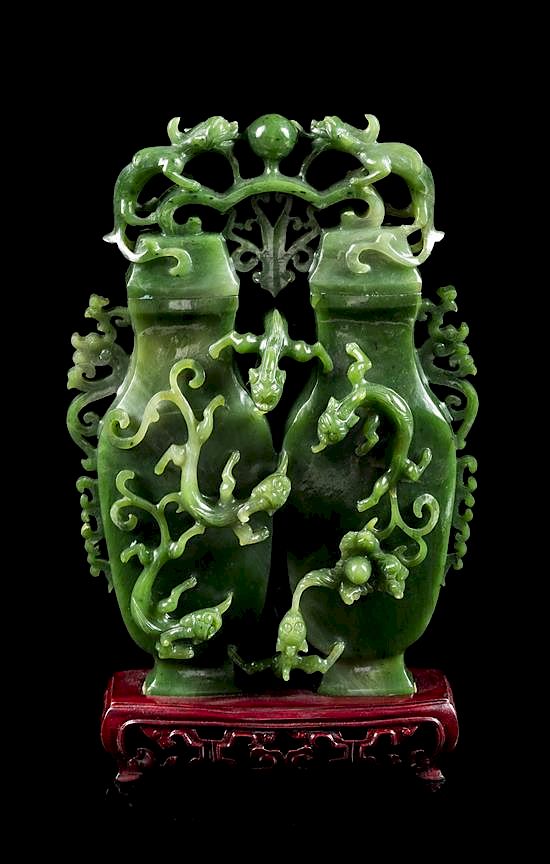 Appraisal: A Spinach Jade Double Vase Height inches A Spinach Jade