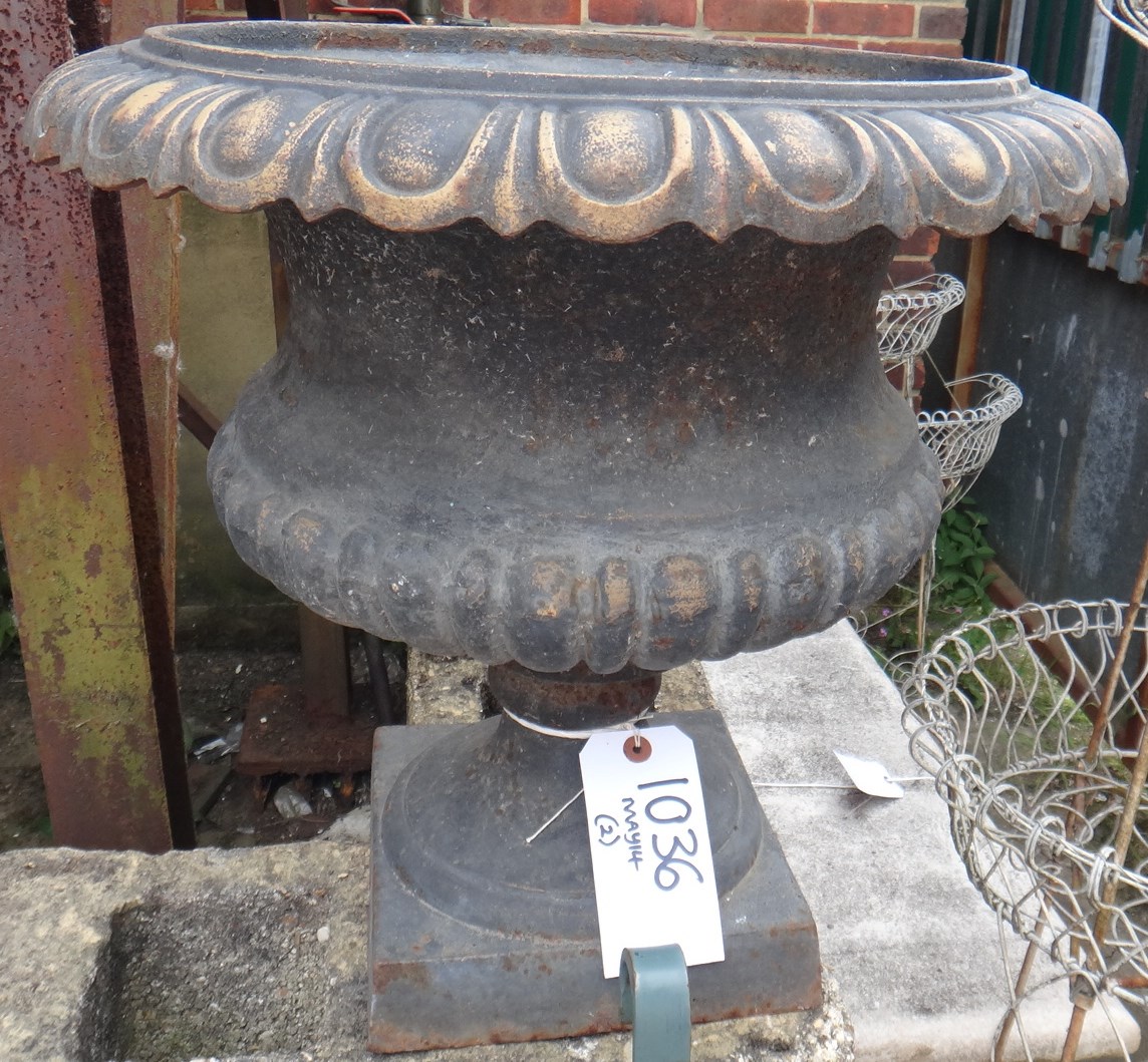 Appraisal: A pair of black painted cast iron garden urns with