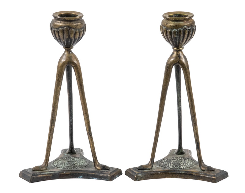 Appraisal: PR TIFFANY STUDIOS BRONZE CANDLESTICKS Pair of Bronze Tripod Candlesticks