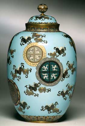 Appraisal: ANTIQUE JAPANESE CLOISONN URN Antique Japanese cloisonn enamel covered urn