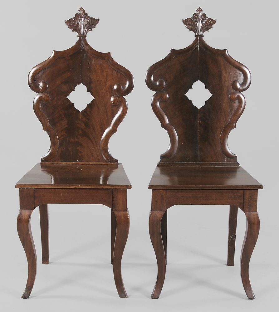 Appraisal: Pair Victorian Mahogany Hall Chairs British th century figured mahogany