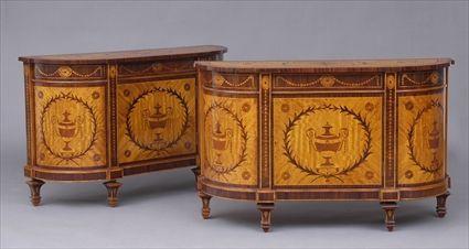 Appraisal: PAIR OF GEORGE III-STYLE MARQUETRY-INLAID SATINWOOD SIDE CABINETS Of bowed