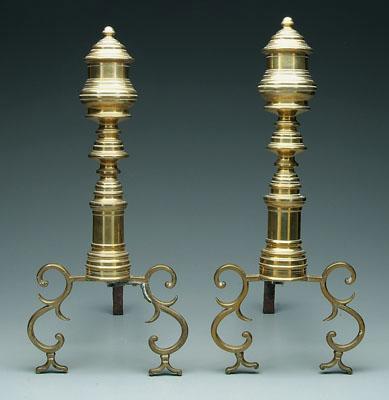 Appraisal: Pair classical brass andirons each with stepped billet bar and