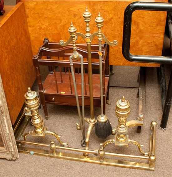 Appraisal: Pair of Federal style brass andirons brass fire fender brass