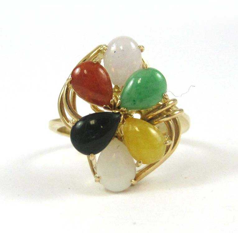 Appraisal: MULTI-COLOR JADE AND FOURTEEN KARAT GOLD RING set with a