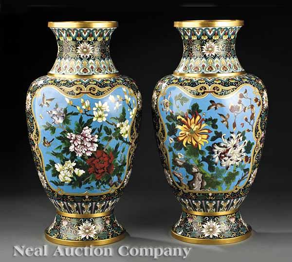 Appraisal: A True Pair of Antique Chinese Cloisonn Enamel Vases each