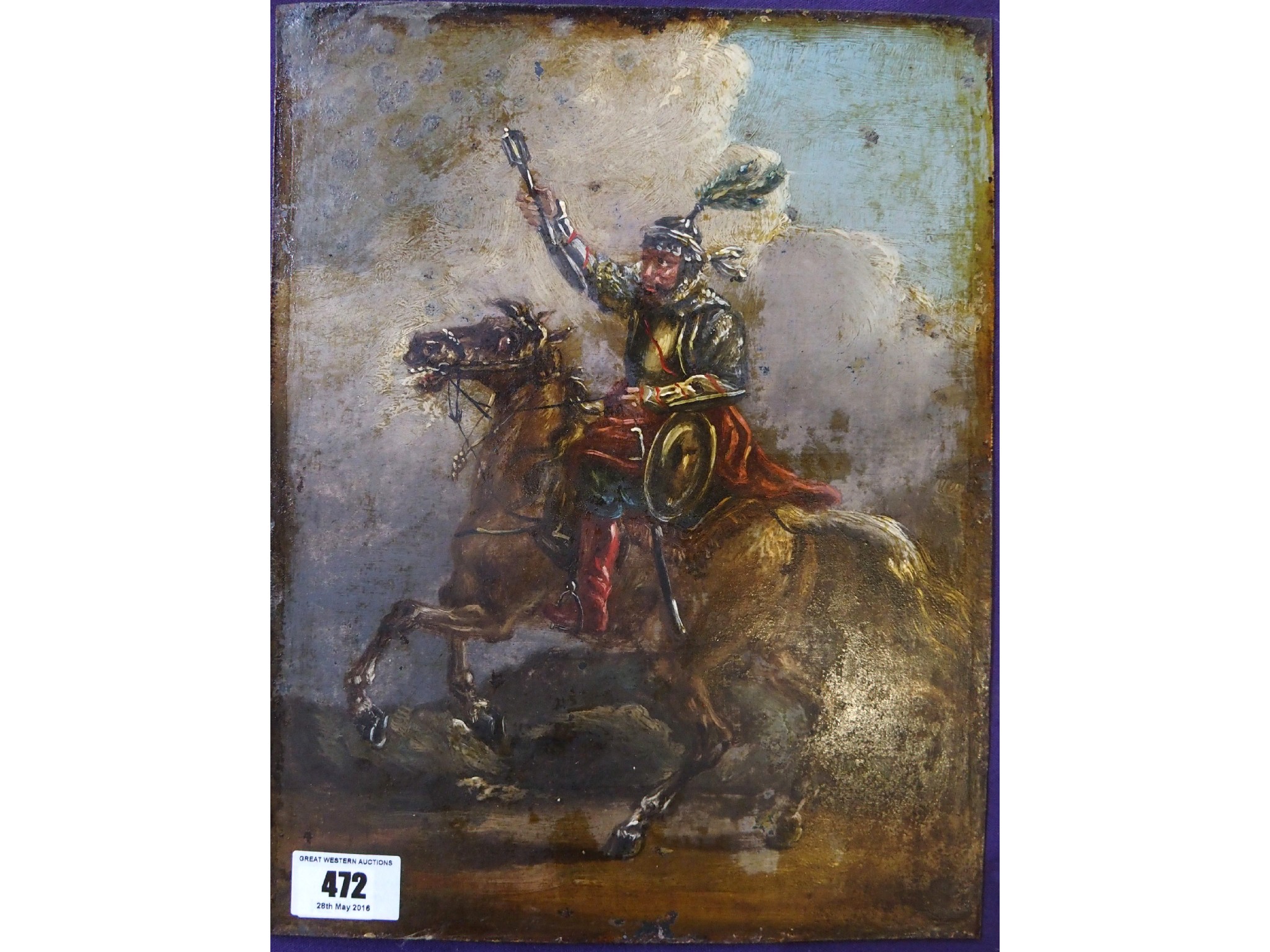 Appraisal: CONTINENTAL SCHOOL th Century Knight on horseback oil on tin