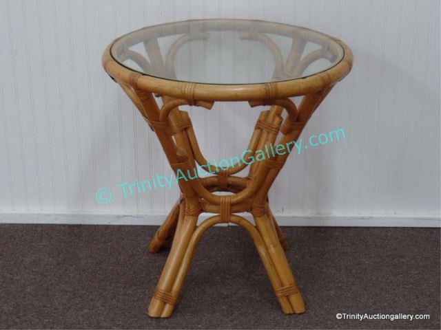 Appraisal: Mid Century Bamboo Rattan Glass Top Side Table Produced from