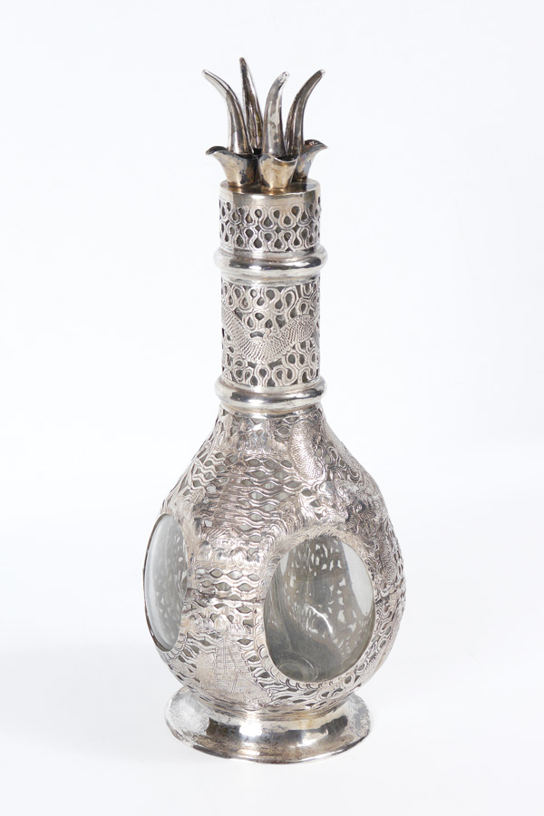 Appraisal: CHINESE EXPORT SILVER MOUNTED QUADRUPLE CORDIAL DECANTER Clear glass decanter