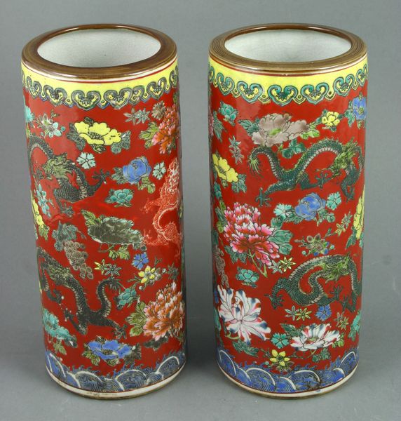 Appraisal: Pair of Chinese pottery cylinder vases h x dia Good