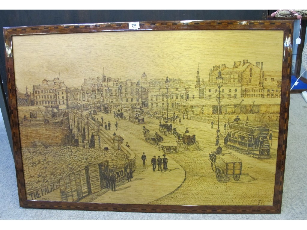 Appraisal: H GOW Framed pokerwork panel depicting a street scene