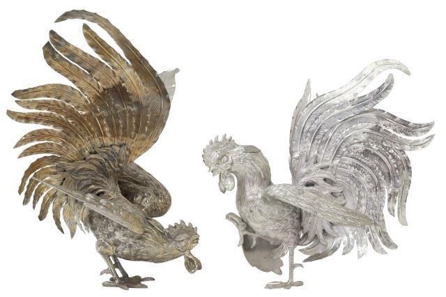 Appraisal: lot of Large silverplate sculptures fighting roosters in an aggressive