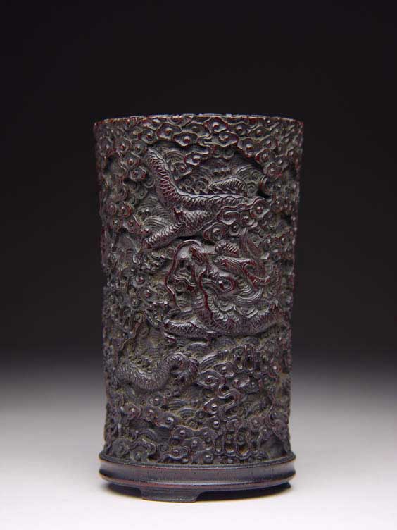 Appraisal: MINIATURE ZITAN BRUSHPOT Very elaborately carved miniature Chinese zitan wood