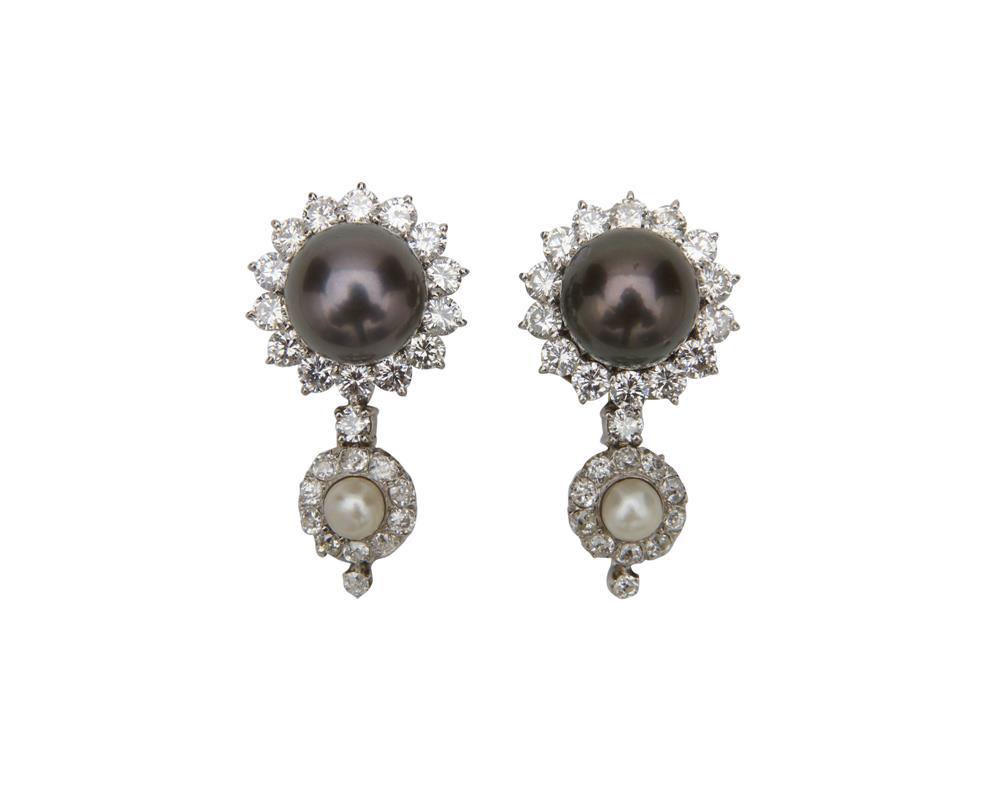 Appraisal: K Gold Gray Pearl Pearl and Diamond Earclips and Drops