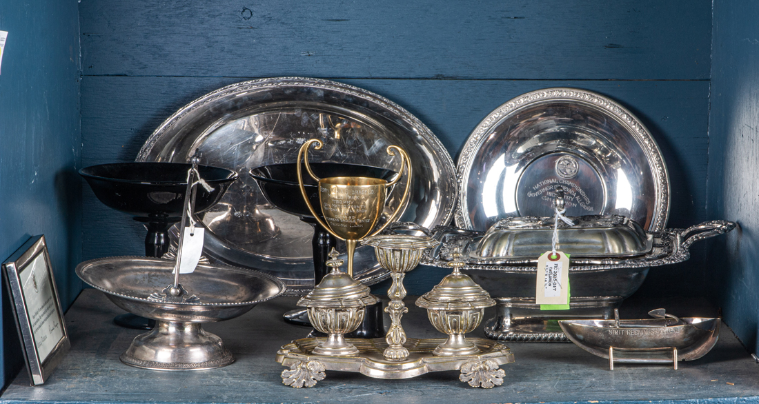 Appraisal: SHELF LOT OF MOSTLY SILVERPLATE Shelf lot of mostly silverplate