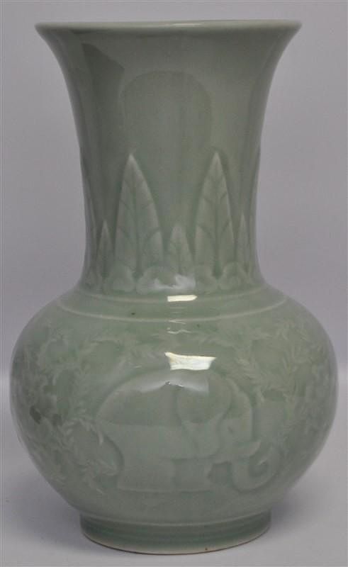 Appraisal: CHINESE CELEDON VASE WITH ELEPHANTS th century Chinese Celadon Vase