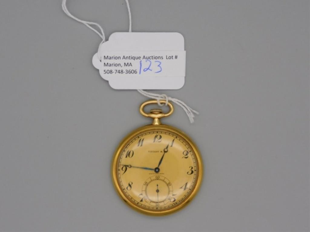 Appraisal: TIFFANY CO KT YELLOW GOLD OPEN FACE POCKETwatch jeweled Swiss