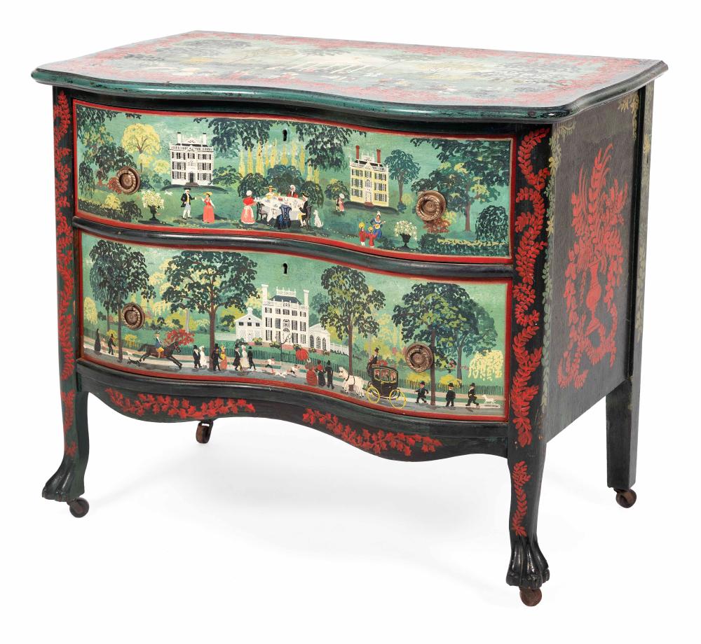 Appraisal: MAXWELL MAYS RHODE ISLAND - HAND-PAINTED SERPENTINE TWO-DRAWER BUREAU WITH