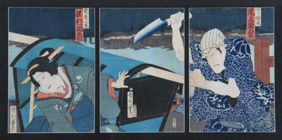 Appraisal: KUNICHIKA Japanese - KABUKI ACTOR KABUKI ACTOR SAWAMURA GEISHA Triptych