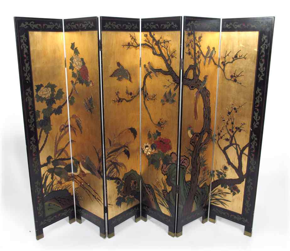 Appraisal: PANEL JAPANESE COROMANDEL SCREEN Depicting birds of paradise on one