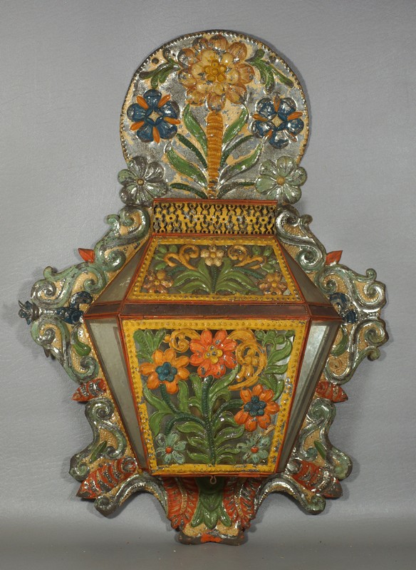 Appraisal: Mexican painted tin candle wall lamp pierced floral decoration mirror