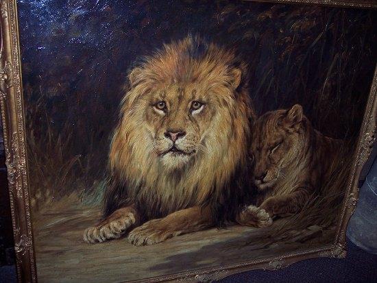 Appraisal: Robert Morley RBAThe Protector a recumbent lion and lioness signedoil