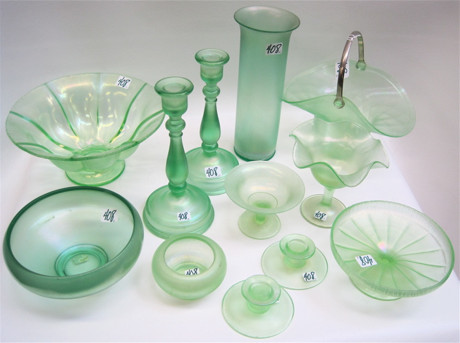 Appraisal: TWELVE PIECES GREEN STRETCH GLASS bowls from to D basket