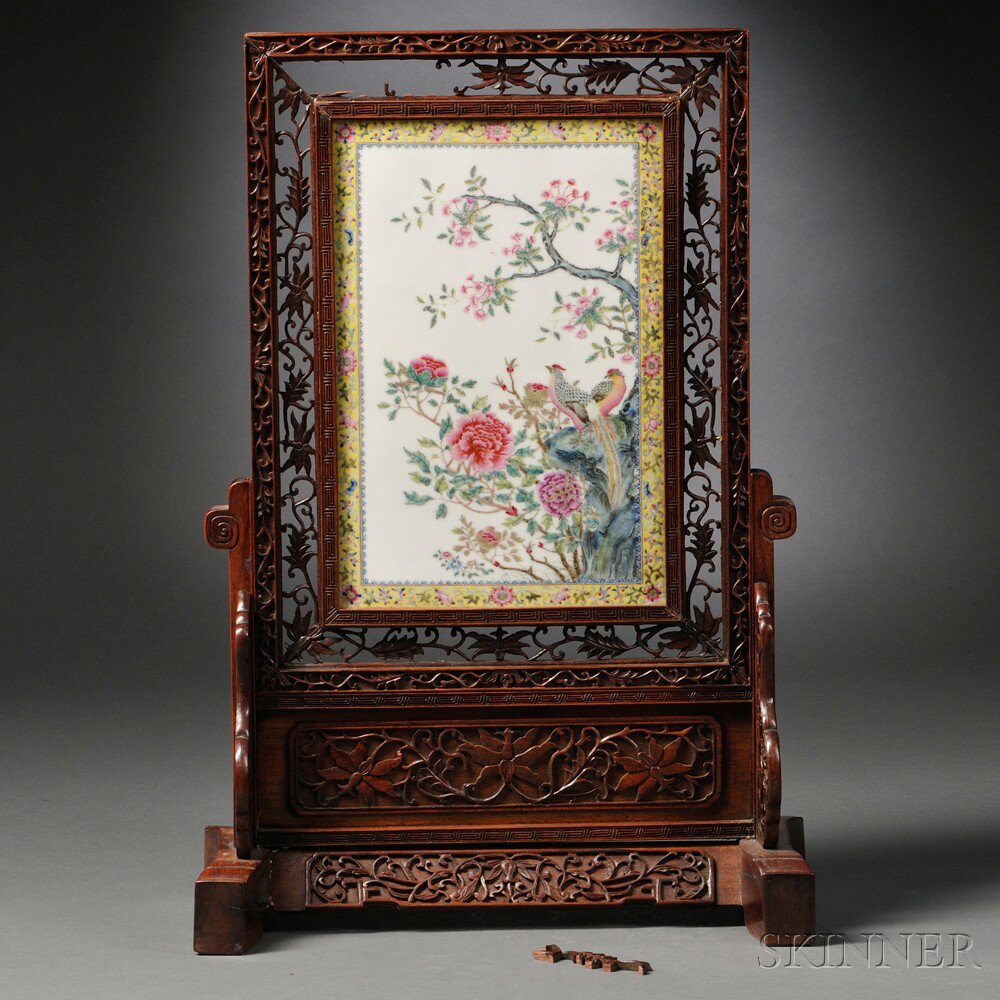 Appraisal: Table Screen with Rectangular Porcelain Plaque China th th century