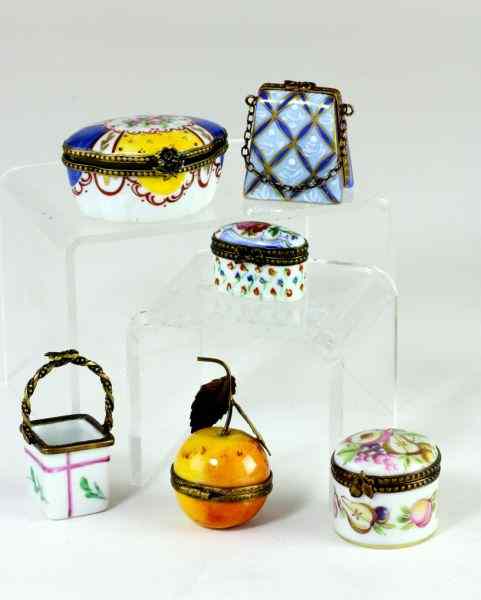 Appraisal: Six Limoges Porcelain Pill Boxesincluding an opened basket signed Limoges