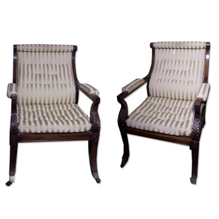 Appraisal: Pair of Regency Style Tufted Upholstered Armchairs Estimate -