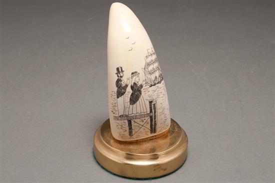 Appraisal: American scrimshaw whale tooth th century with later decoration depicting