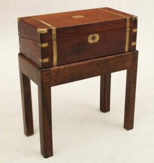 Appraisal: ENGLISH WALNUT BRASS BOUND LAP DESK ON STAND HAVING ORIGINAL