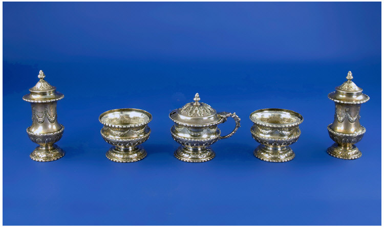 Appraisal: Fine Five Piece Silver Cruet Set Embossed in the Greek