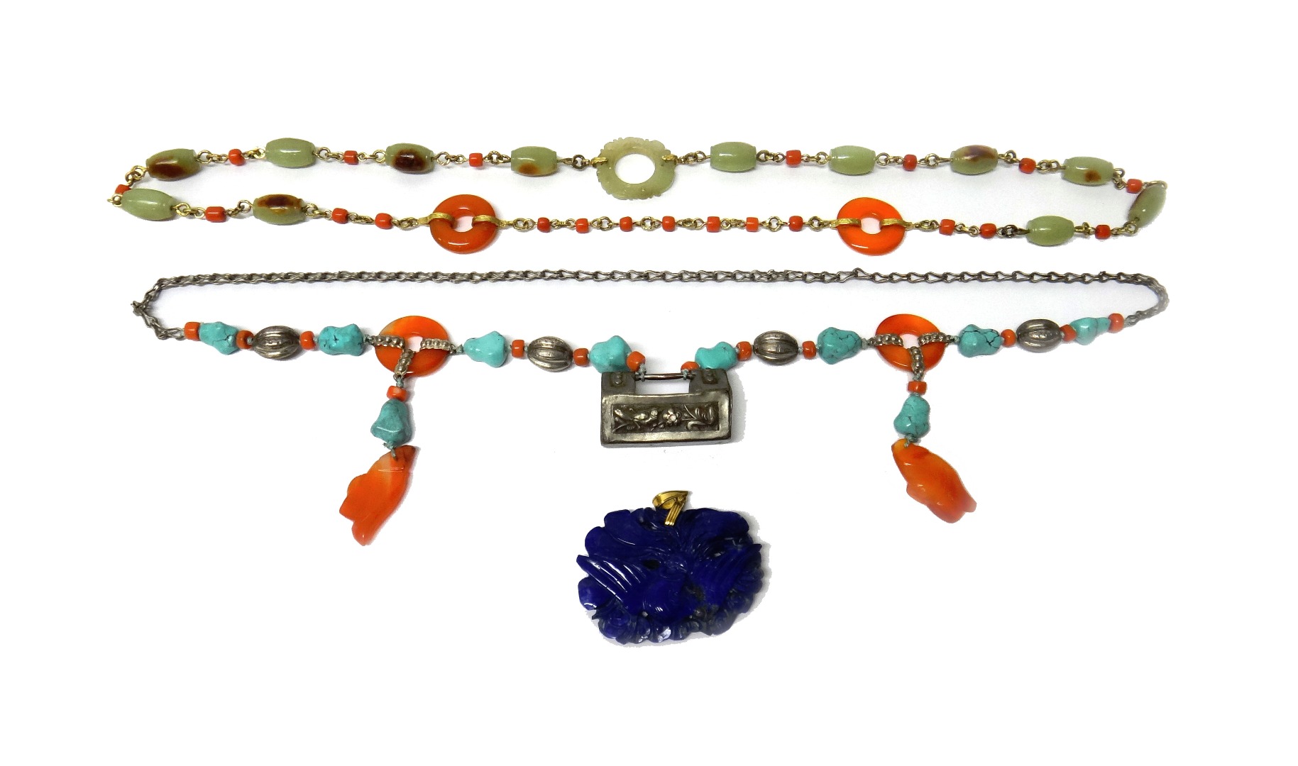 Appraisal: A jade cornelian and coral necklace formed as a row