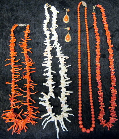 Appraisal: Group of four coral necklaces and coral earringsL necklaces in