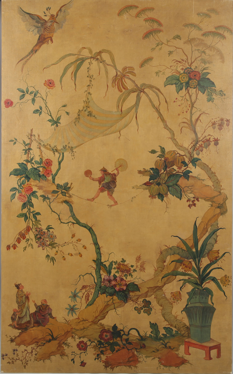 Appraisal: GROUP OF THREE CHINOISERIE PAINTED PANELS IN THE MANNER OF