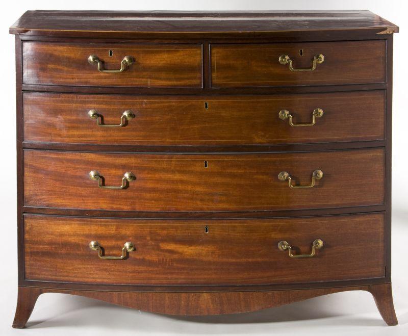 Appraisal: George III Bowfront Chest-of-Drawers mahogany mahogany veneers oak secondary over