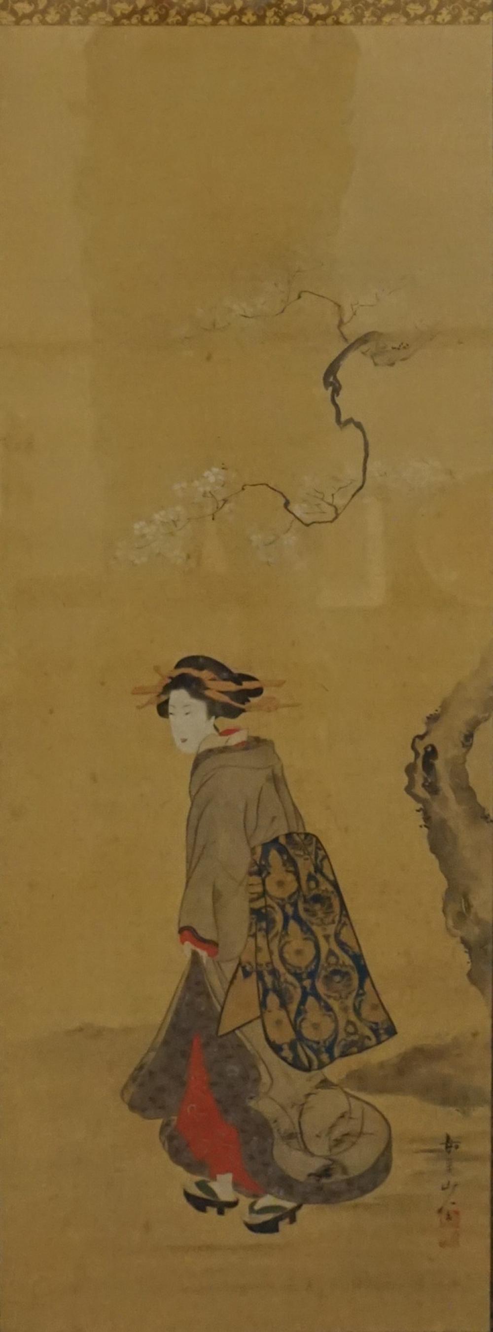 Appraisal: JAPANESE HANGING SCROLL OF A COURT LADY BENEATH A BLOSSOMING