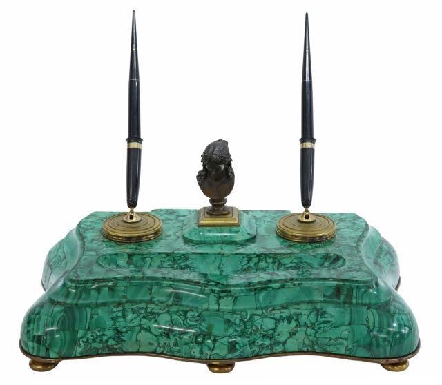 Appraisal: Neoclassical style tiled green malachite desk stand possibly French or