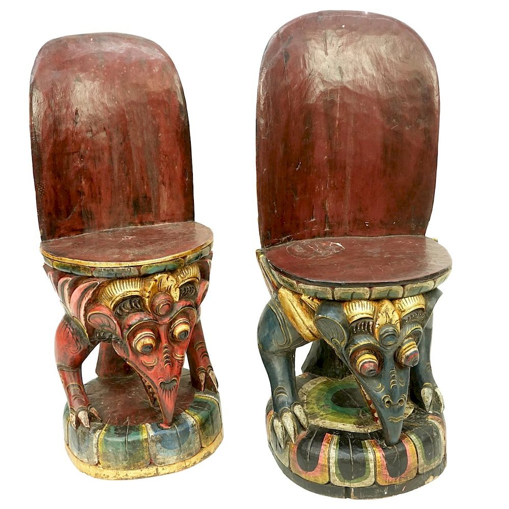 Appraisal: Pair of Balinese Polychrome Lacquered Chairs Associated Pair of Balinese