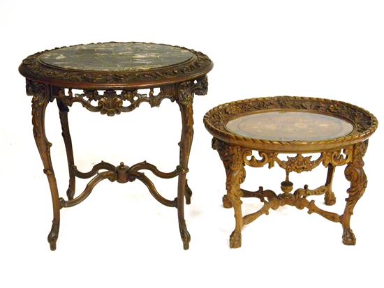 Appraisal: Two th C heavily carved oval top tables taller inset